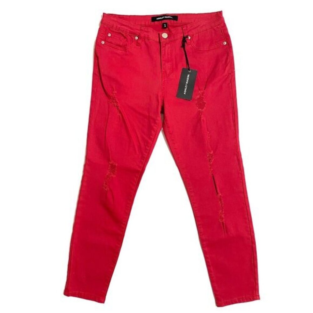Ashley Mason Red Distressed Denim Skinny Jeans Stretch SZ 30 NWT